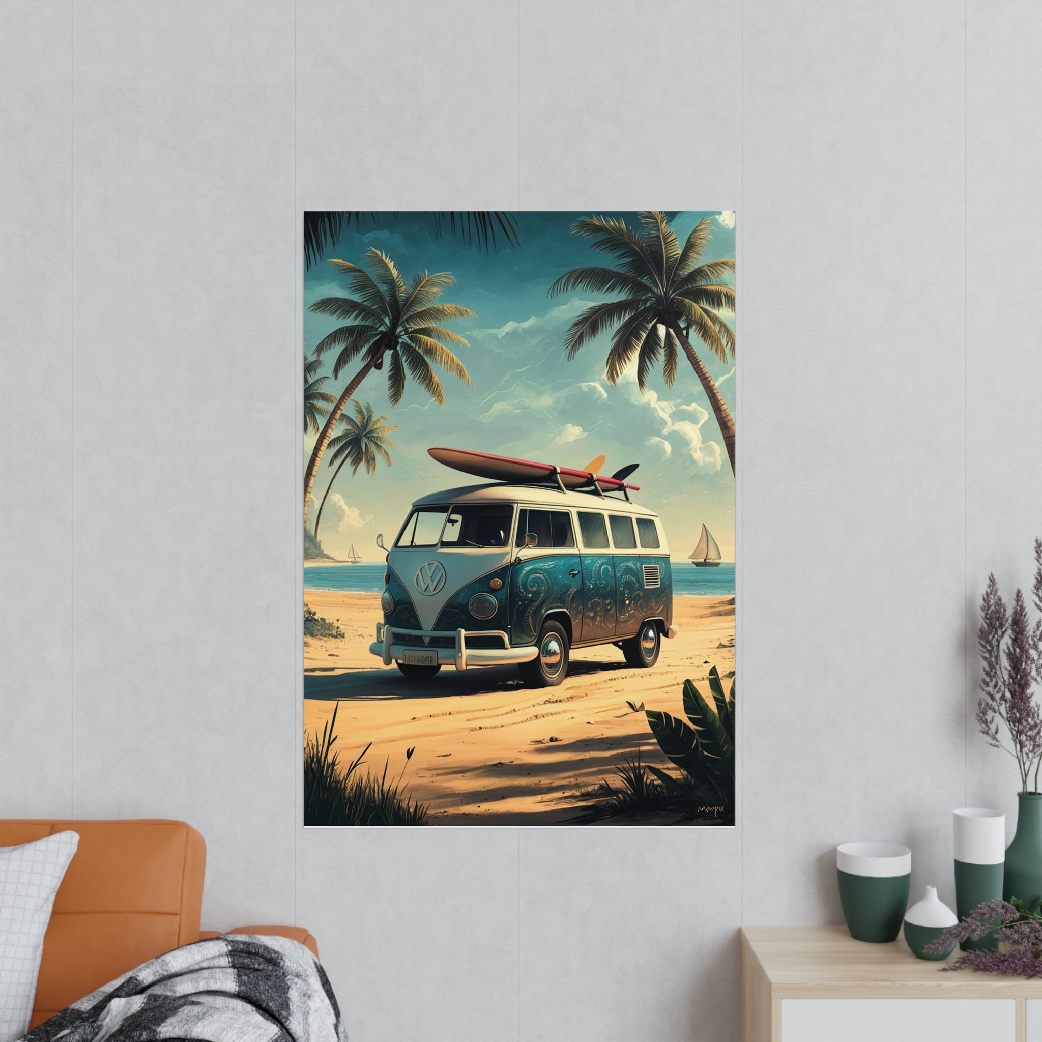 Retro Surfer VW Bully Poster - Strandurlaub und Abenteuer - Poster bei HappyHugPixels