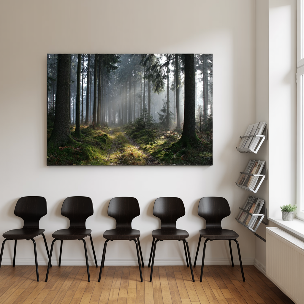 Mystischer Waldweg Leinwandbild - Nebel & Lichtstrahlen Canvas Wandbild Natur merchOne