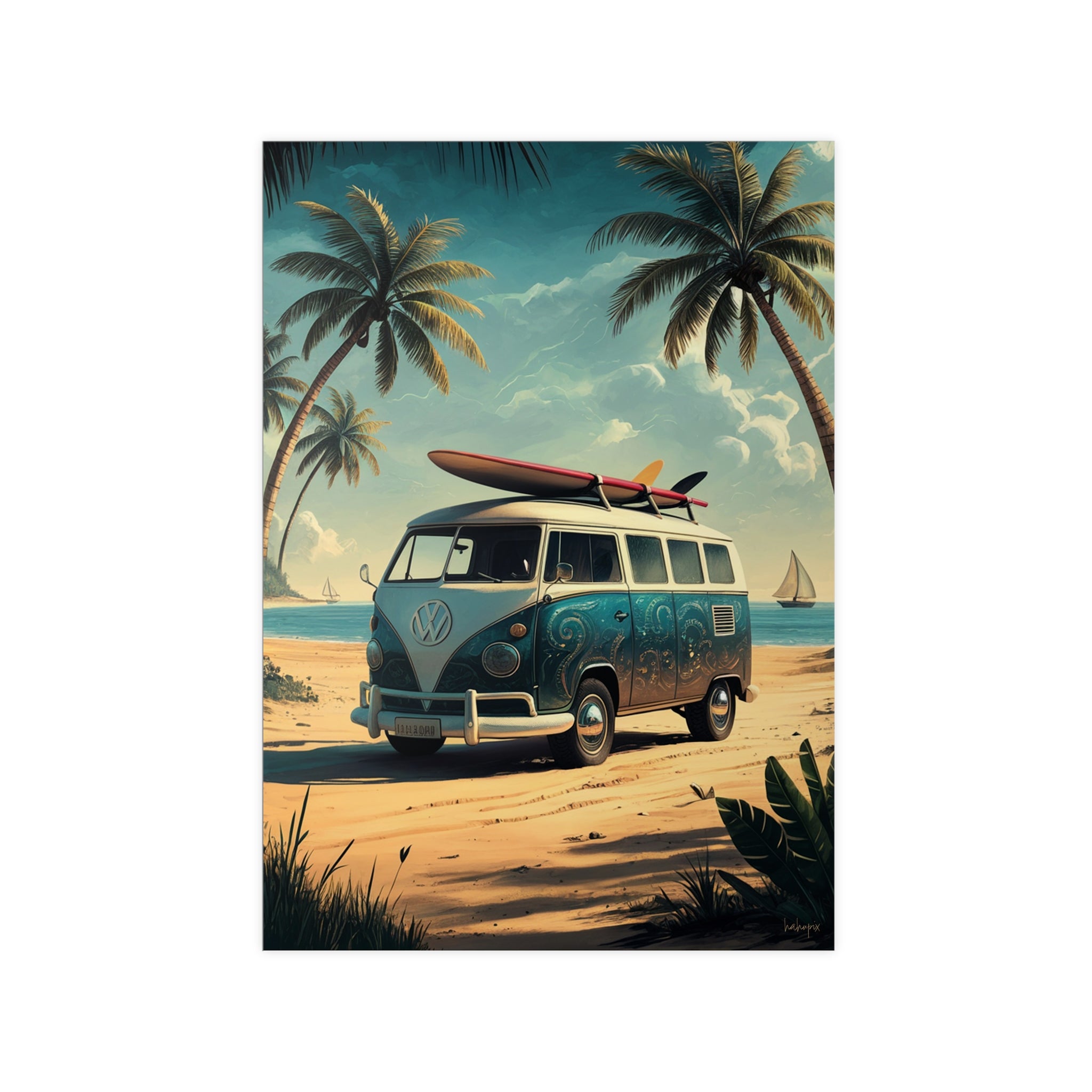 Retro Surfer VW Bully Poster - Strandurlaub und Abenteuer