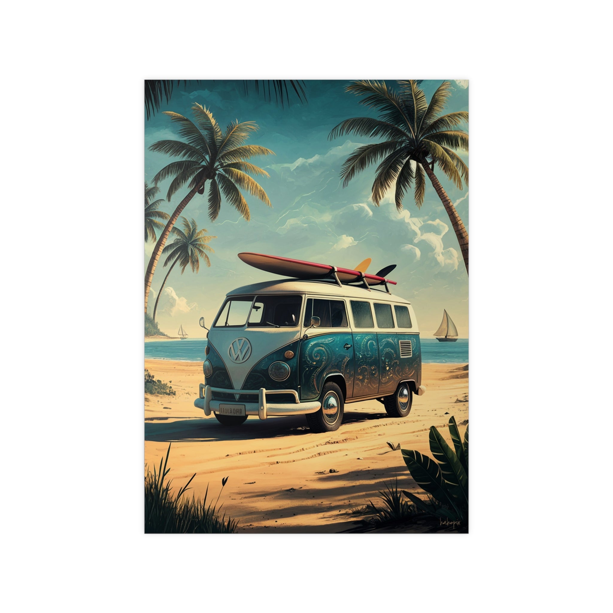 Retro Surfer VW Bully Poster - Strandurlaub und Abenteuer - Poster bei HappyHugPixels