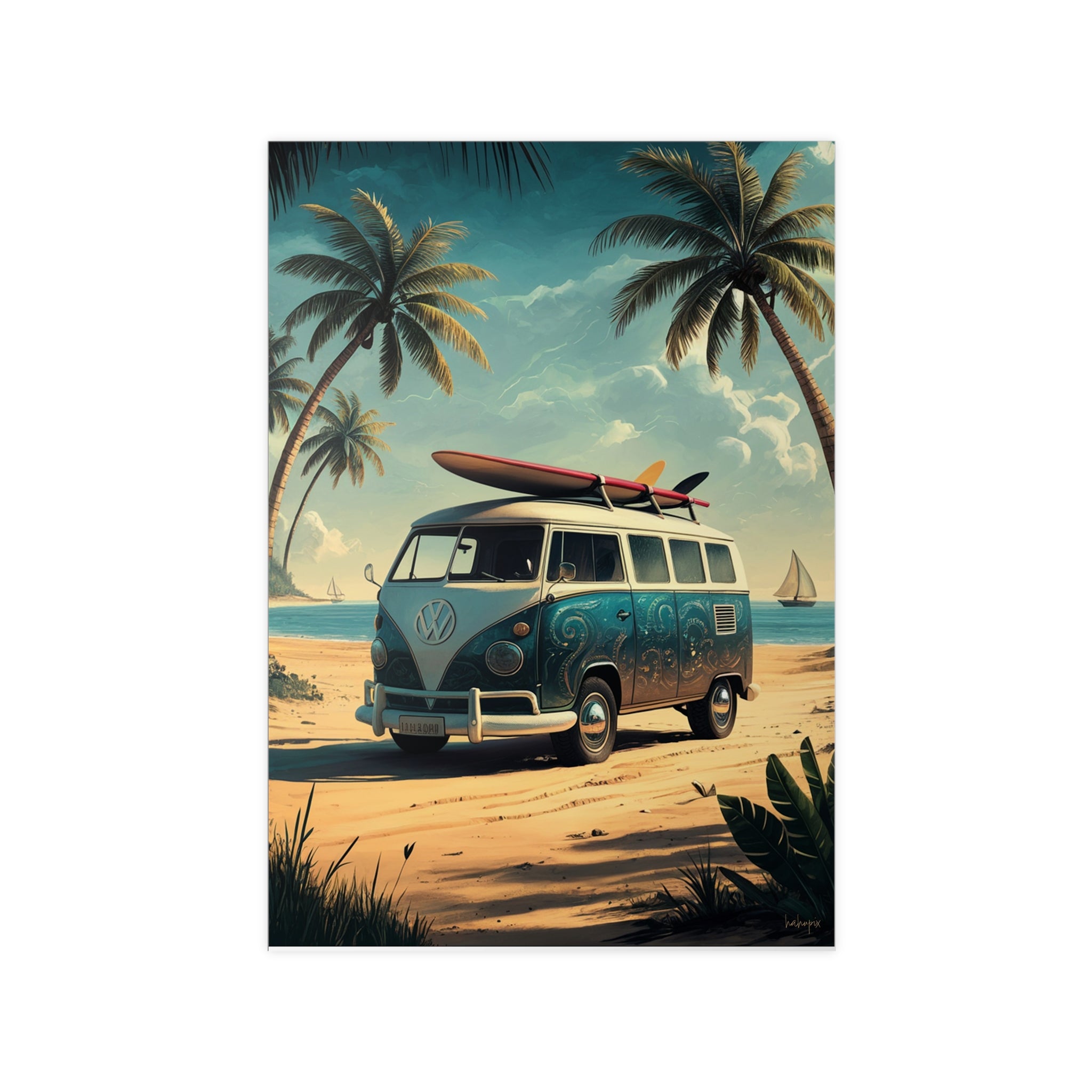 Retro Surfer VW Bully Poster - Strandurlaub und Abenteuer - Poster bei HappyHugPixels