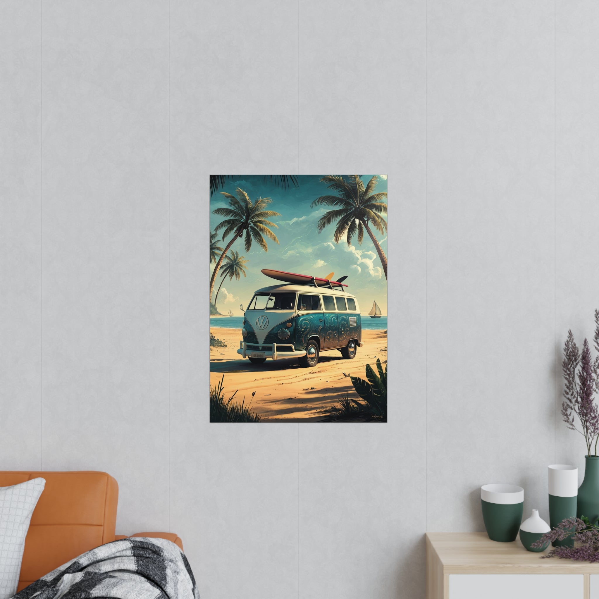 Retro Surfer VW Bully Poster - Strandurlaub und Abenteuer - Poster bei HappyHugPixels