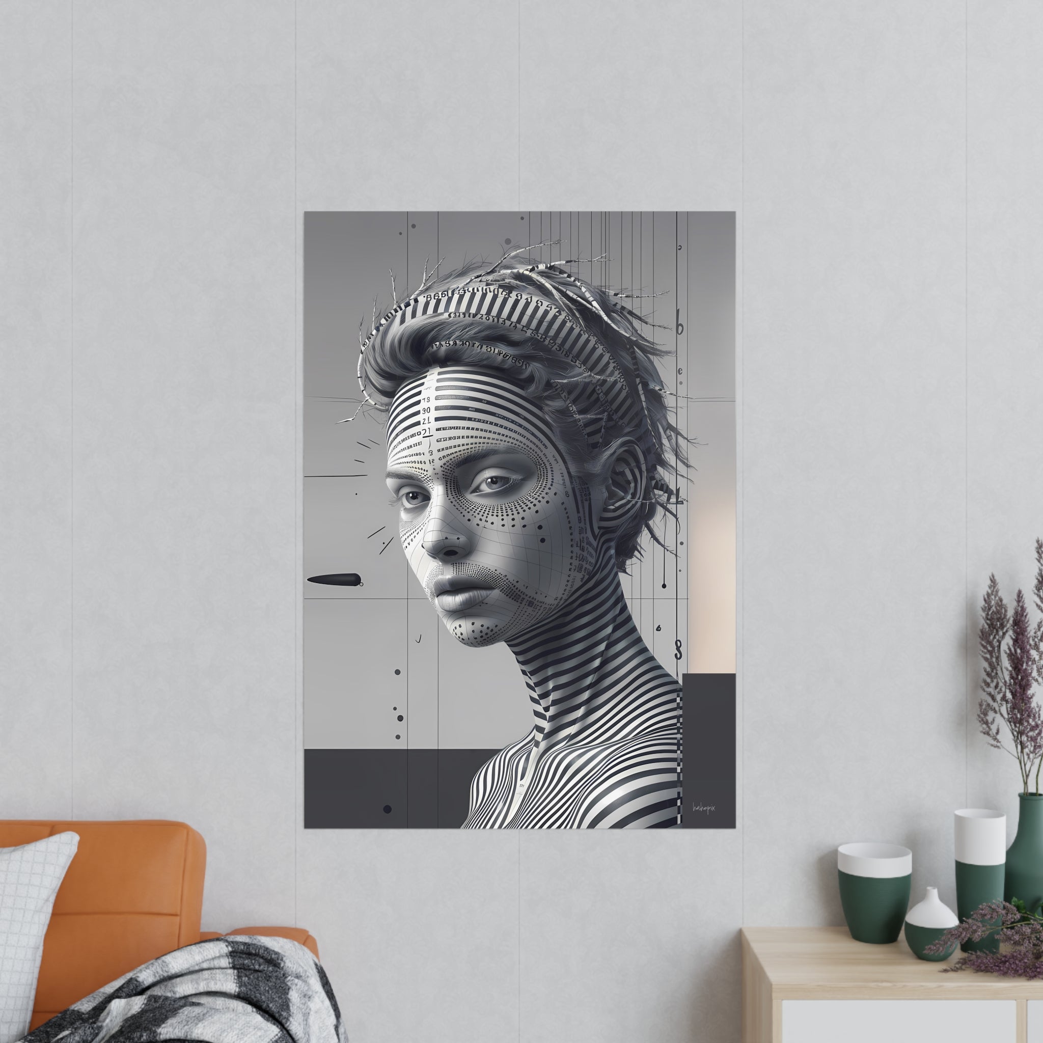 Surrealistisches Kunstposter – Futuristische Frauengesicht - Poster bei HappyHugPixels