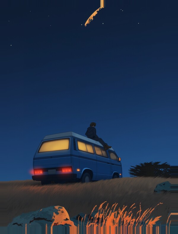 Sternschnuppen Nacht VW Bulli Canvas Leinwandbild - Abenteuer & Freiheit auf Premium Leinwand 80x60cm/90x60cm/100x75cm