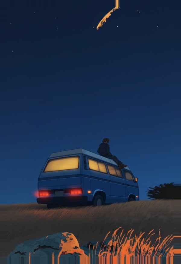 Sternschnuppen Nacht VW Bulli Canvas Leinwandbild - Abenteuer & Freiheit auf Premium Leinwand 80x60cm/90x60cm/100x75cm