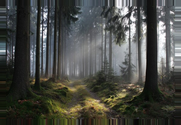 Mystischer Waldweg Leinwandbild - Nebel & Lichtstrahlen Canvas Wandbild Natur
