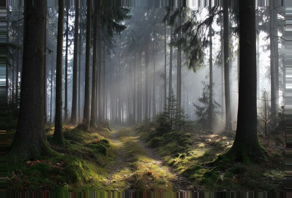 Mystischer Waldweg Leinwandbild - Nebel & Lichtstrahlen Canvas Wandbild Natur