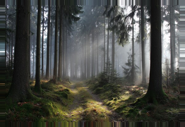 Mystischer Waldweg Leinwandbild - Nebel & Lichtstrahlen Canvas Wandbild Natur