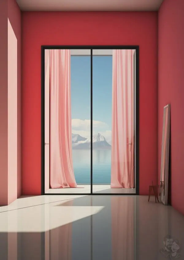 Ausblick in Scharlach Poster - Elegantes Fensterblick-Kunstposter