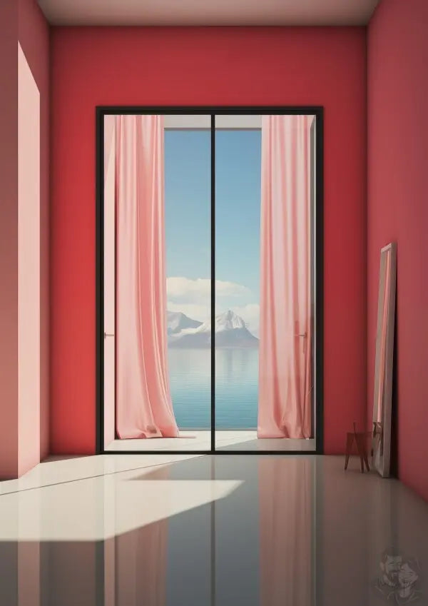 Ausblick in Scharlach Poster - Elegantes Fensterblick-Kunstposter
