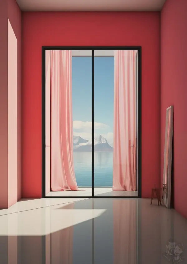 Ausblick in Scharlach Poster - Elegantes Fensterblick-Kunstposter