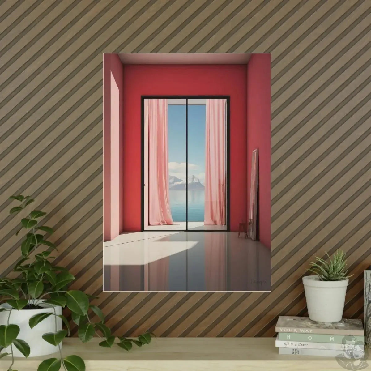 Ausblick in Scharlach Poster - Elegantes Fensterblick-Kunstposter merchOne