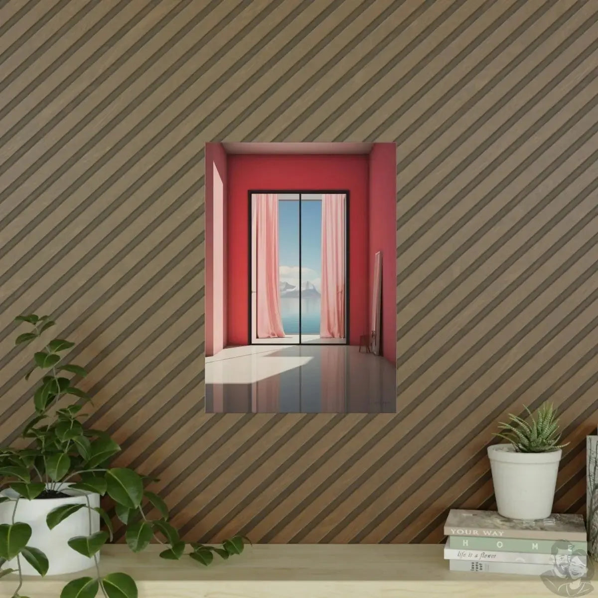 Ausblick in Scharlach Poster - Elegantes Fensterblick-Kunstposter merchOne