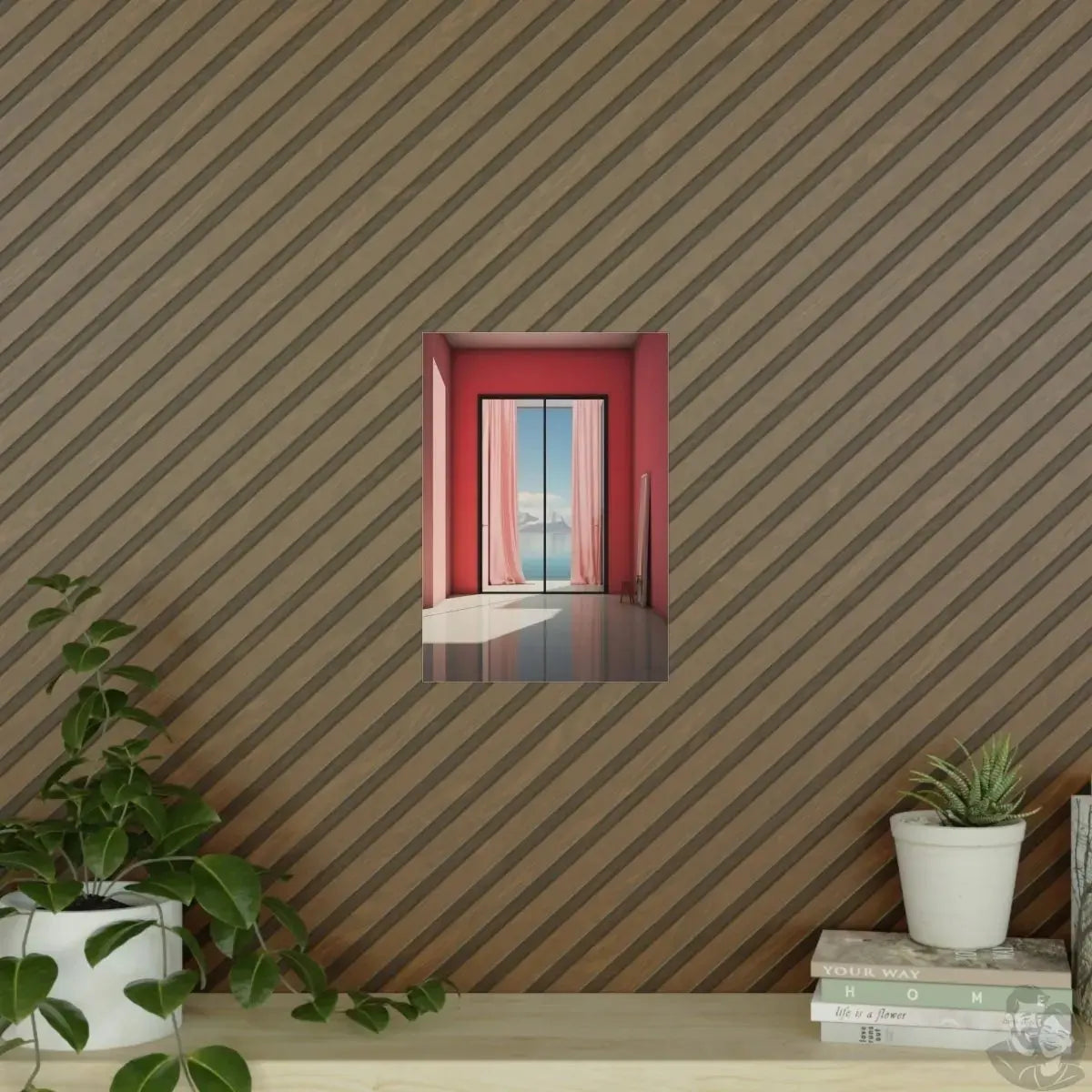 Ausblick in Scharlach Poster - Elegantes Fensterblick-Kunstposter merchOne
