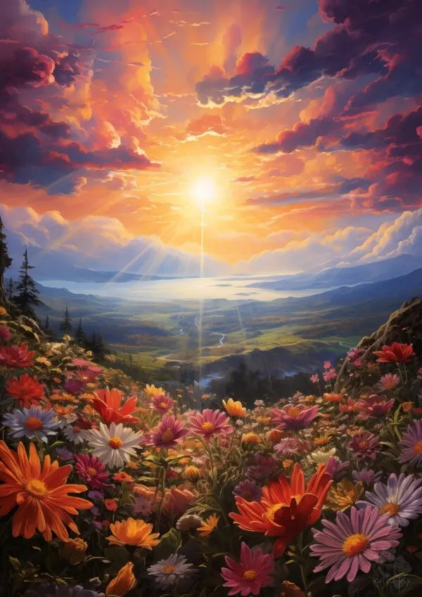 Blumenwiese Sonnenuntergang – Kunstposter (vertikal)