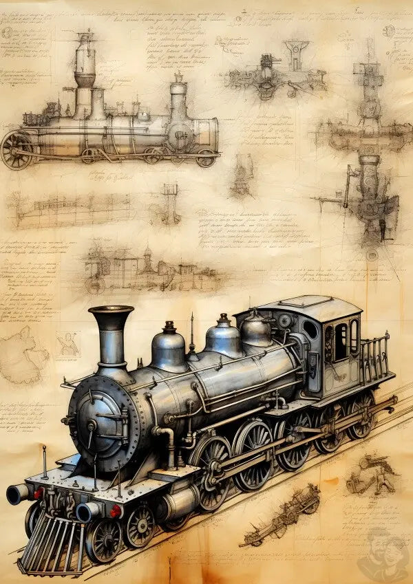Eisenbahn daVinci Poster 'Locomotiva di Leonardo' KI Kunstwerk