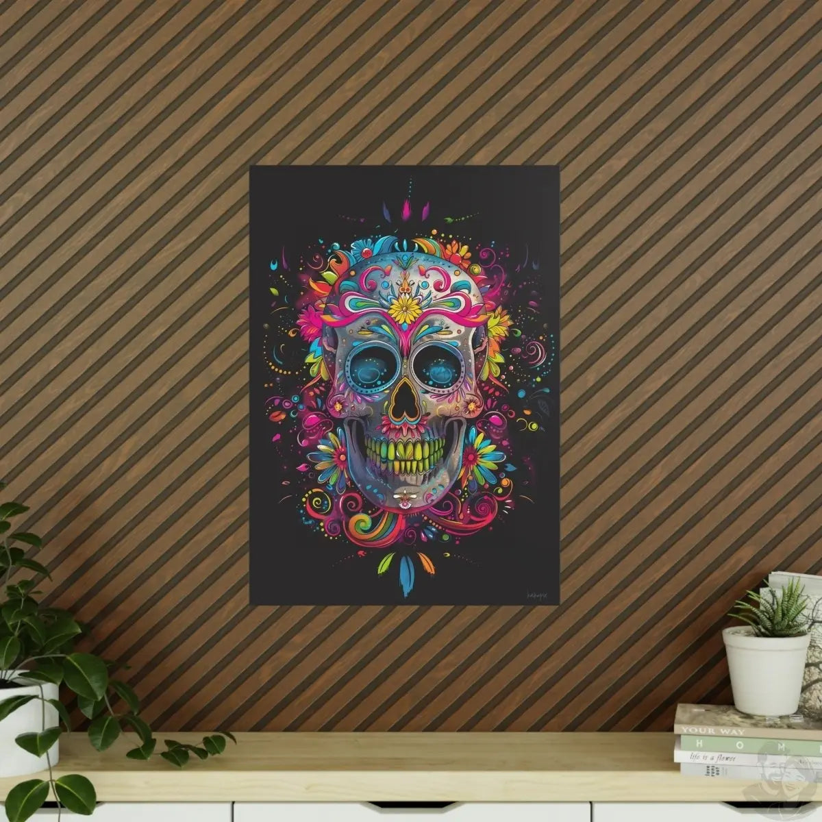 Florales Totenkopf Kunstposter – Lebendig und Farbenfroh - Poster bei HappyHugPixels