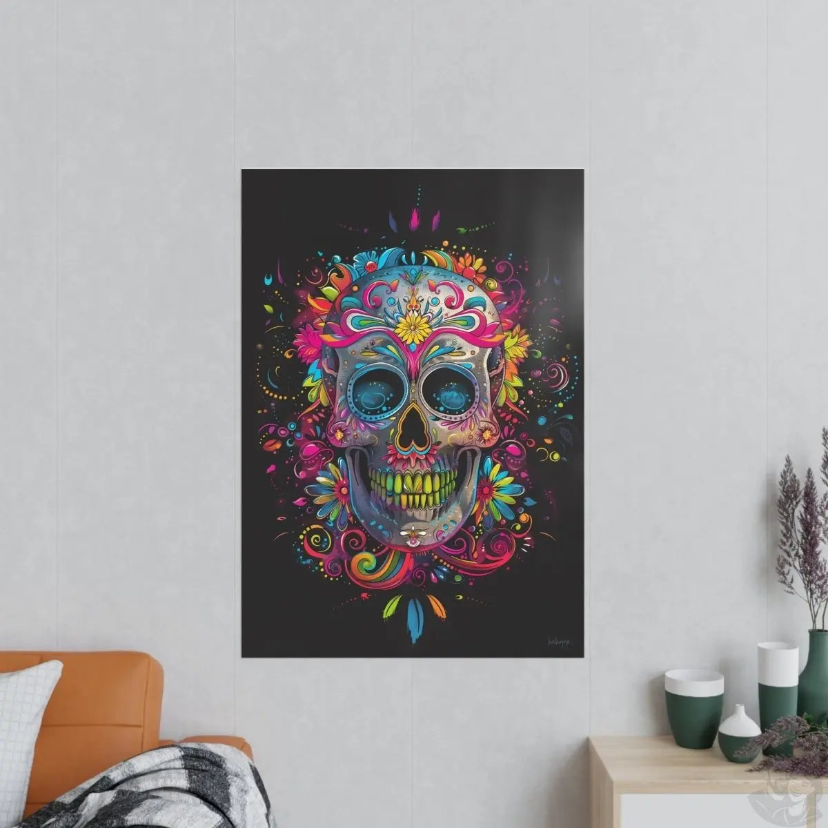 Florales Totenkopf Kunstposter – Lebendig und Farbenfroh - Poster bei HappyHugPixels