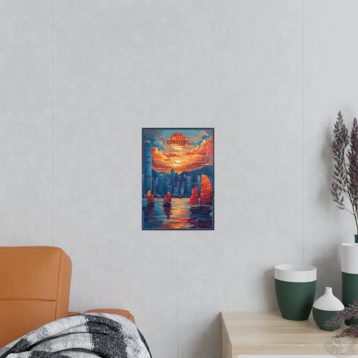 Hongkong Skyline –Exquisites Travelposter, traditionelle Dschunken - Poster bei HappyHugPixels