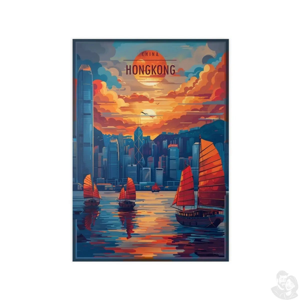 Hongkong Skyline –Exquisites Travelposter, traditionelle Dschunken - Poster bei HappyHugPixels