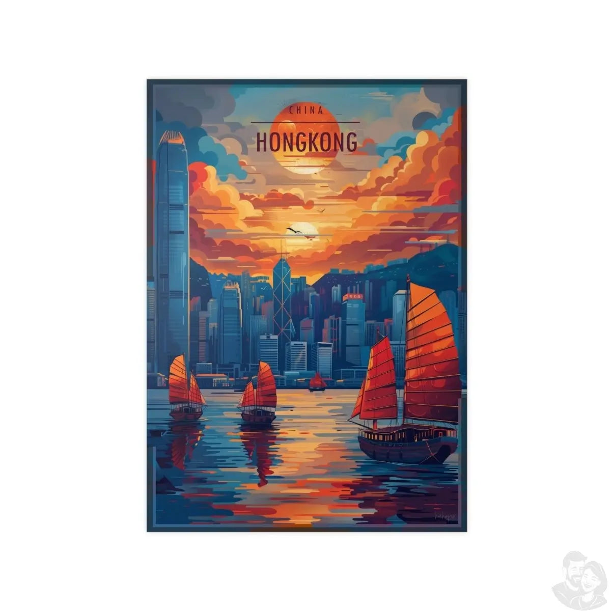 Hongkong Skyline –Exquisites Travelposter, traditionelle Dschunken - Poster bei HappyHugPixels