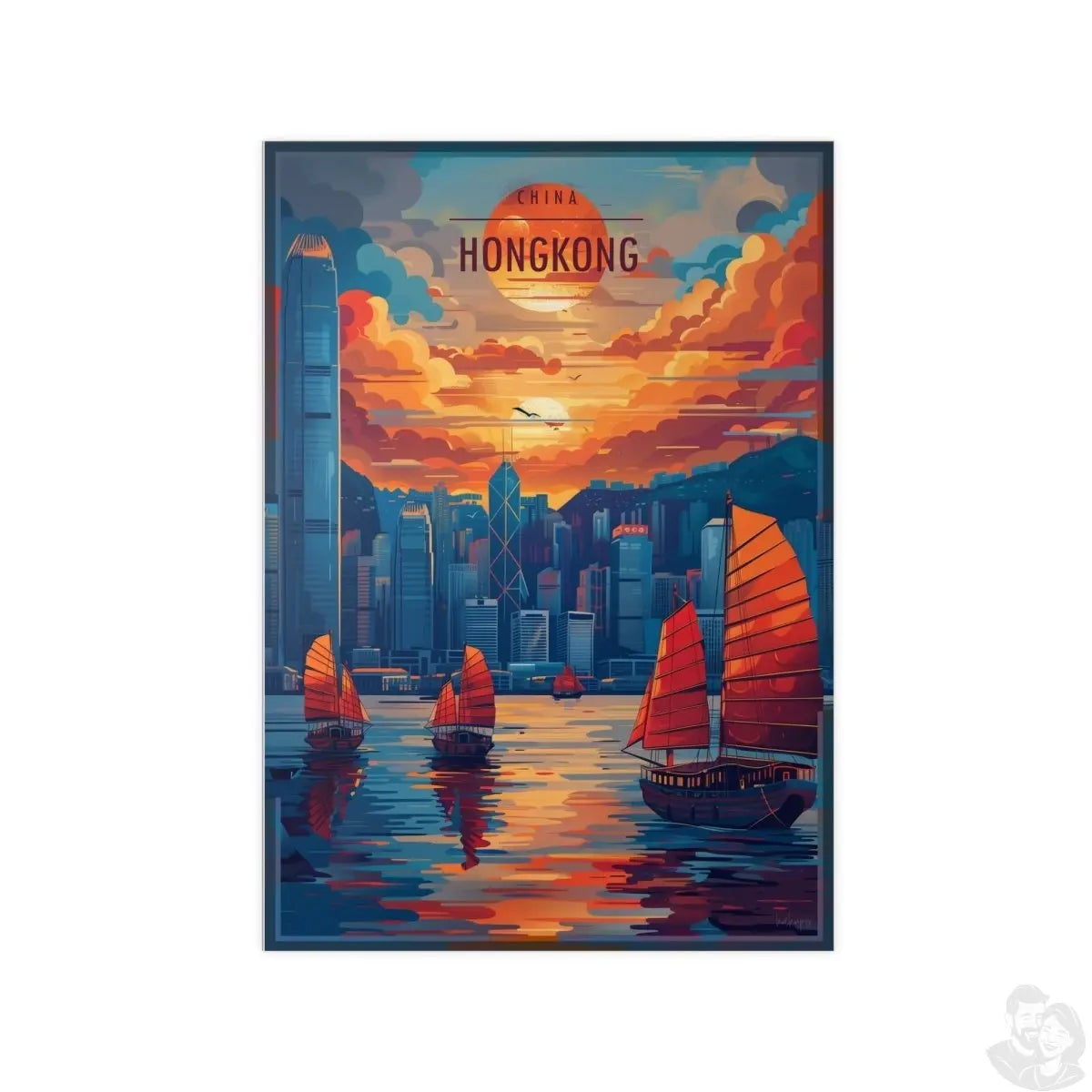 Hongkong Skyline –Exquisites Travelposter, traditionelle Dschunken - Poster bei HappyHugPixels