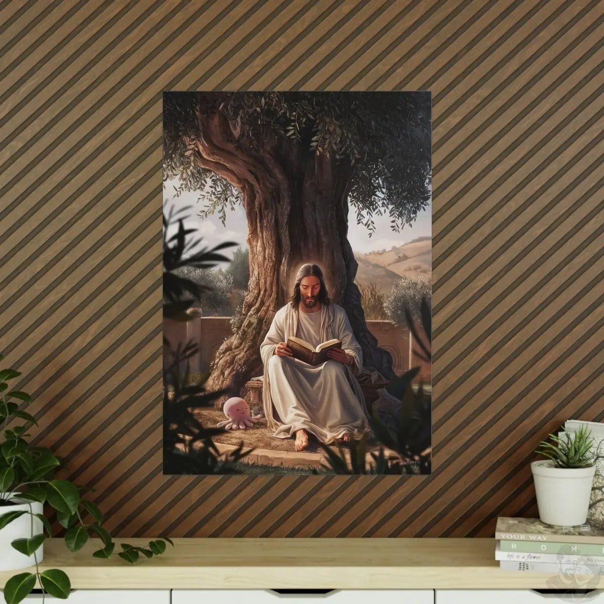 Jesus - The Messias mit einem rosa Oktopus - Kunstposter - Poster bei HappyHugPixels