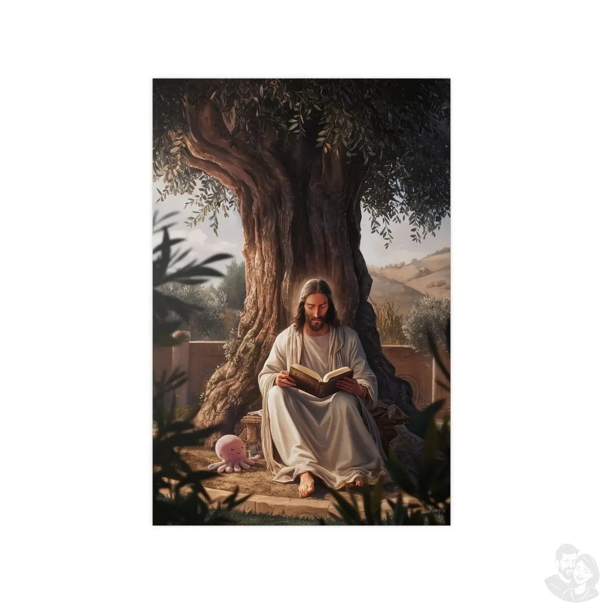 Jesus - The Messias mit einem rosa Oktopus - Kunstposter - Poster bei HappyHugPixels
