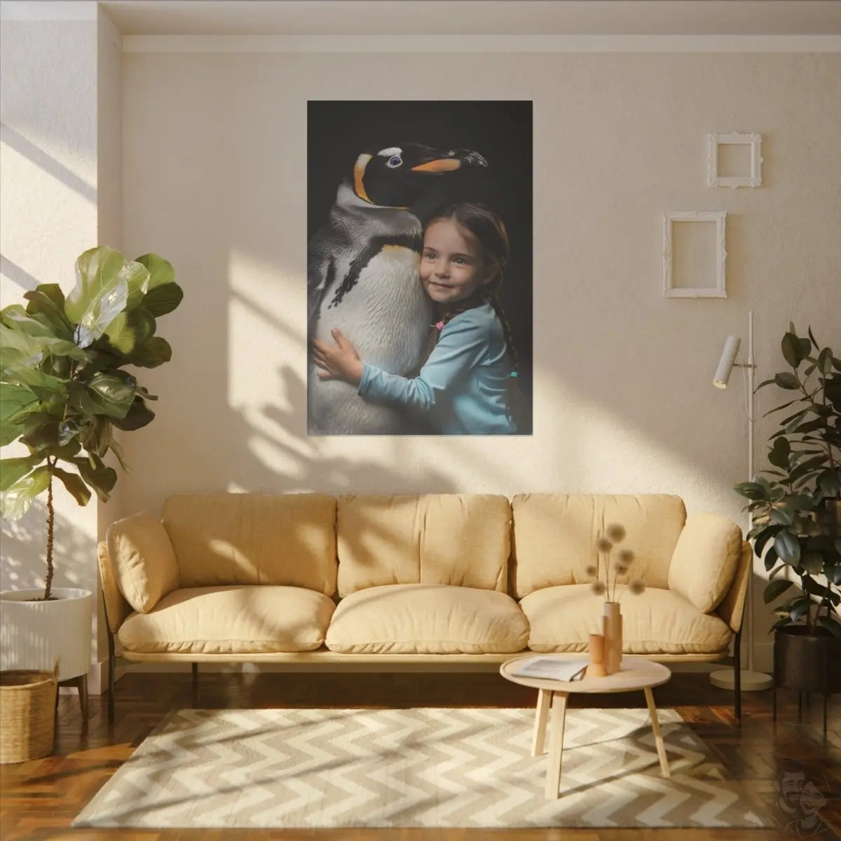 Leinwandbild Mädchen und Pinguin – Aus der Serie Little Girl Animals - Canvas bei HappyHugPixels