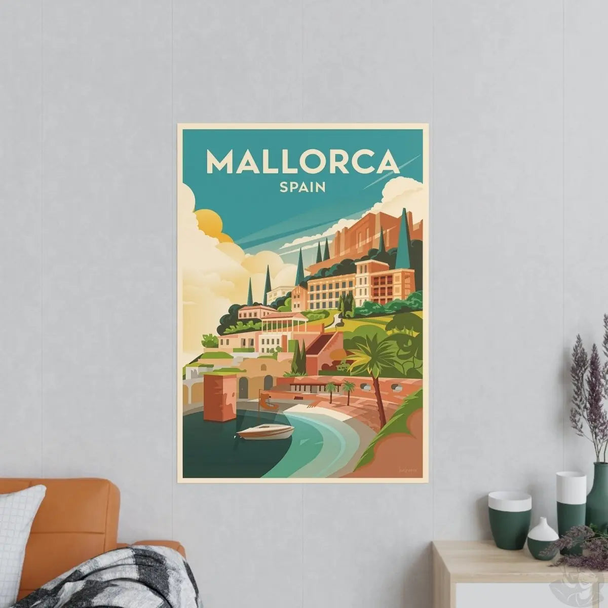 Mallorca Spanien Travelposter - Bunte Stadtlandschaft Kirche Palmen - Poster bei HappyHugPixels