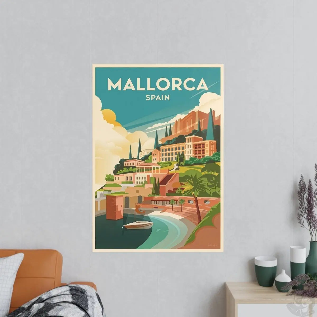 Mallorca Spanien Travelposter - Bunte Stadtlandschaft Kirche Palmen - Poster bei HappyHugPixels