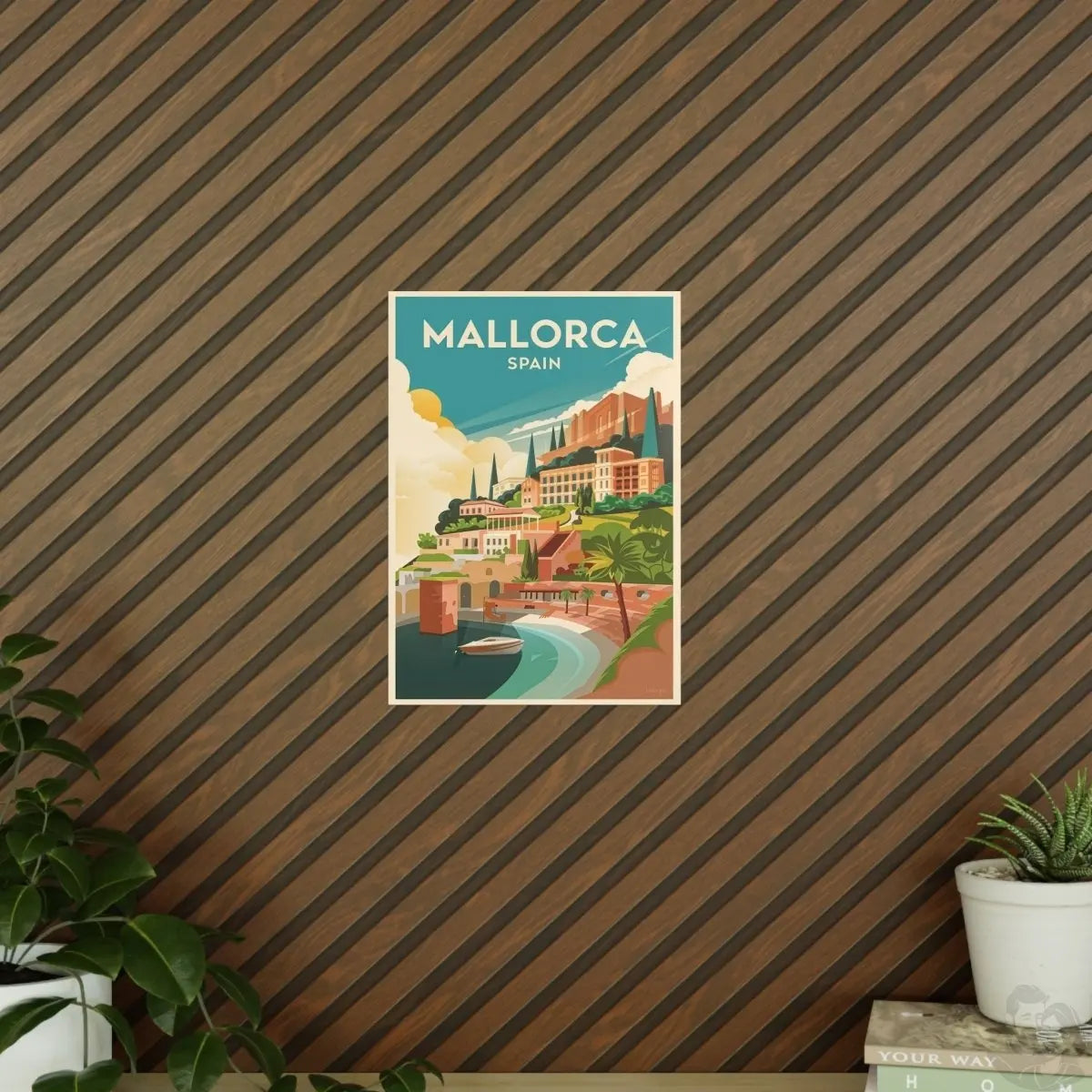 Mallorca Spanien Travelposter - Bunte Stadtlandschaft Kirche Palmen - Poster bei HappyHugPixels