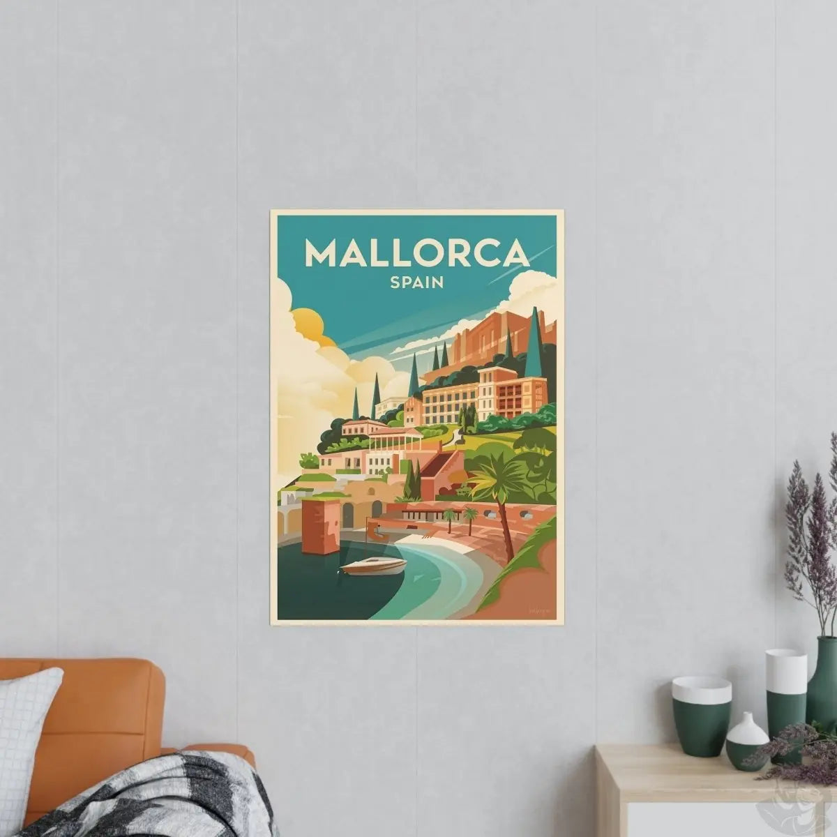 Mallorca Spanien Travelposter - Bunte Stadtlandschaft Kirche Palmen - Poster bei HappyHugPixels
