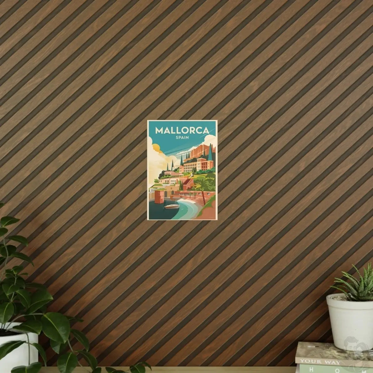Mallorca Spanien Travelposter - Bunte Stadtlandschaft Kirche Palmen - Poster bei HappyHugPixels