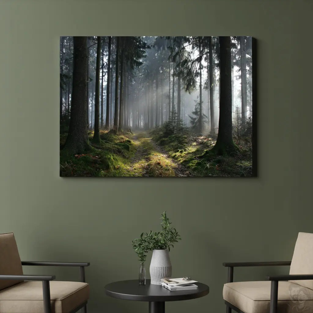 Mystischer Waldweg Leinwandbild - Nebel & Lichtstrahlen Canvas Wandbild Natur merchOne