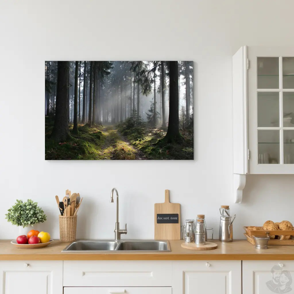 Mystischer Waldweg Leinwandbild - Nebel & Lichtstrahlen Canvas Wandbild Natur merchOne