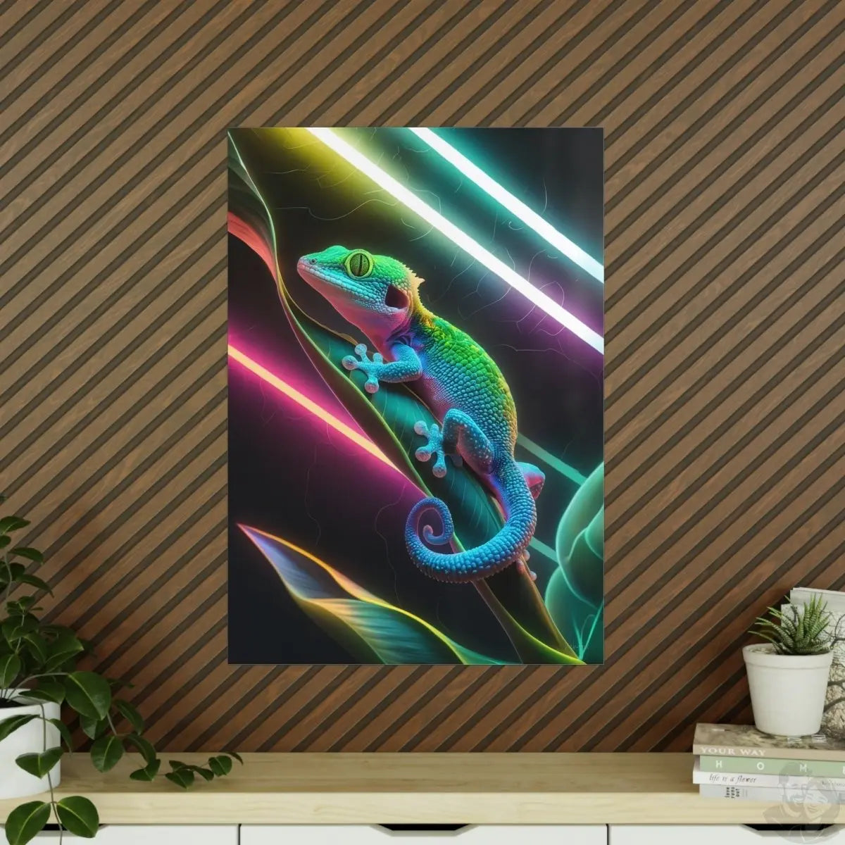 Neon Gecko Kunstposter – Farbintensives Wandbild - Poster bei HappyHugPixels