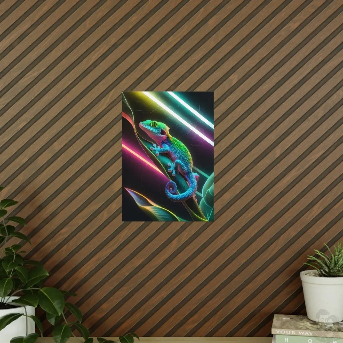 Neon Gecko Kunstposter – Farbintensives Wandbild - Poster bei HappyHugPixels