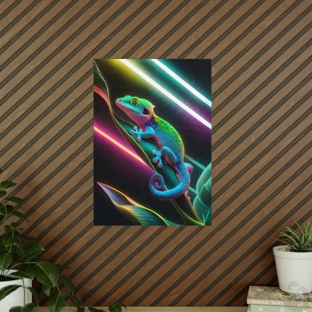 Neon Gecko Kunstposter – Farbintensives Wandbild - Poster bei HappyHugPixels