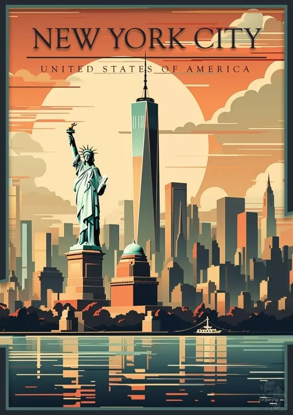 New York City Skyline Plakat - Vintage Reiseposter im Art-Deco-Stil