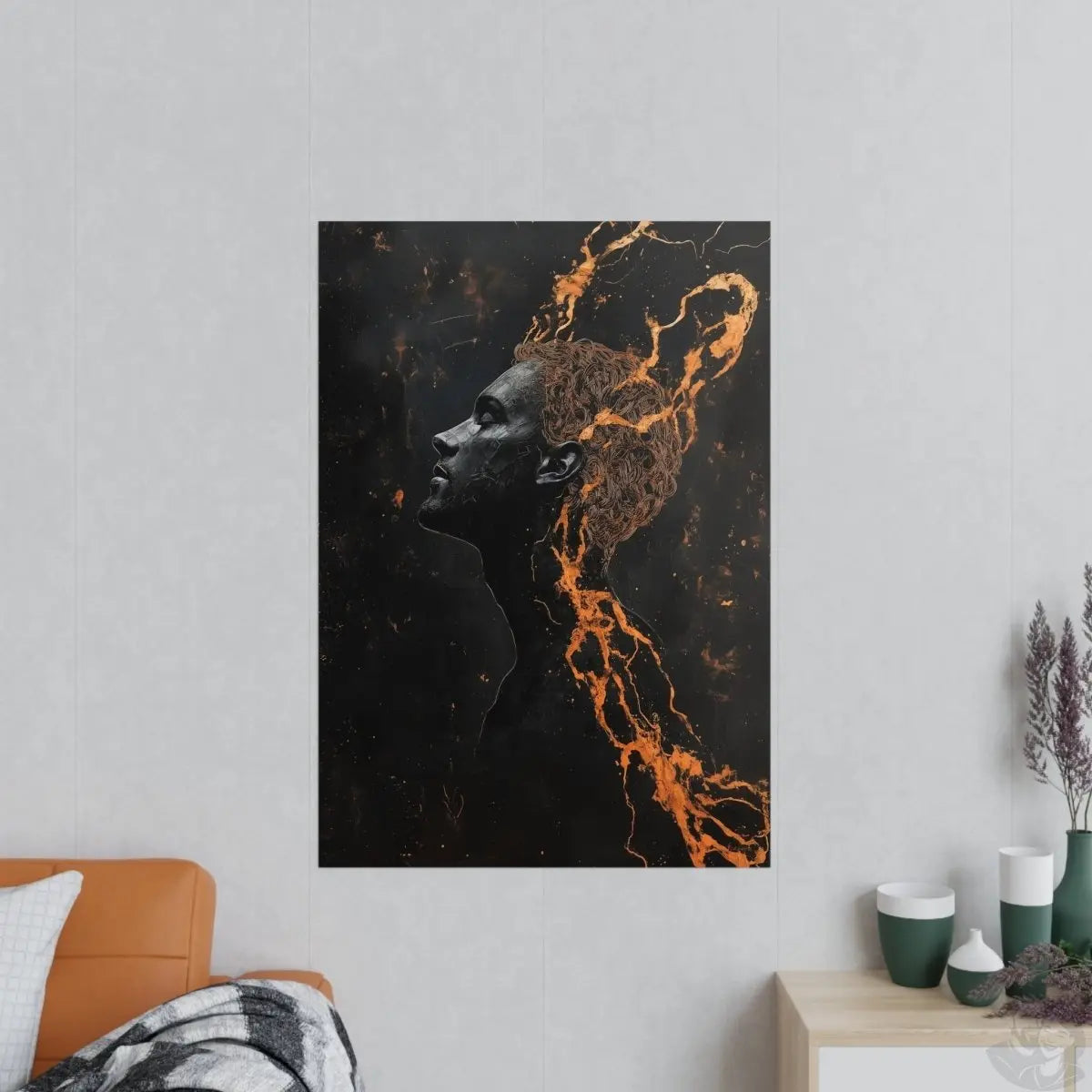 Portrait Kunst Wandbild: Silhouette in Orange & Schwarz - Poster bei HappyHugPixels