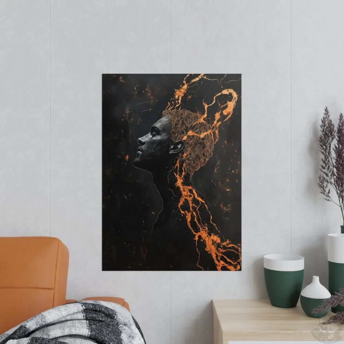 Portrait Kunst Wandbild: Silhouette in Orange & Schwarz - Poster bei HappyHugPixels