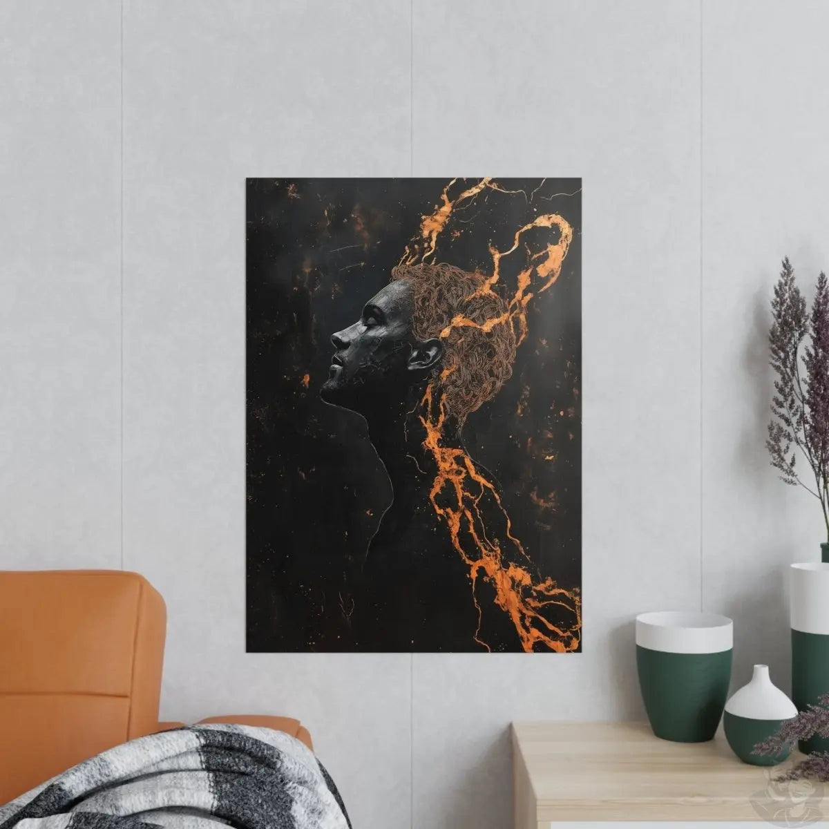 Portrait Kunst Wandbild: Silhouette in Orange & Schwarz - Poster bei HappyHugPixels