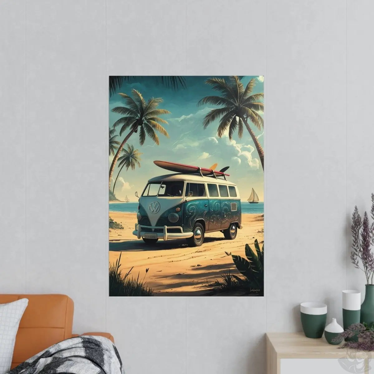 Retro Surfer VW Bully Poster - Strandurlaub und Abenteuer - Poster bei HappyHugPixels