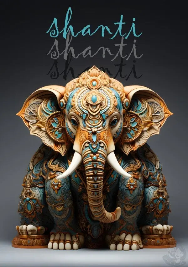 Shanti Elefant Poster in Leuchtendem Blau & Bronze - Matt Papier