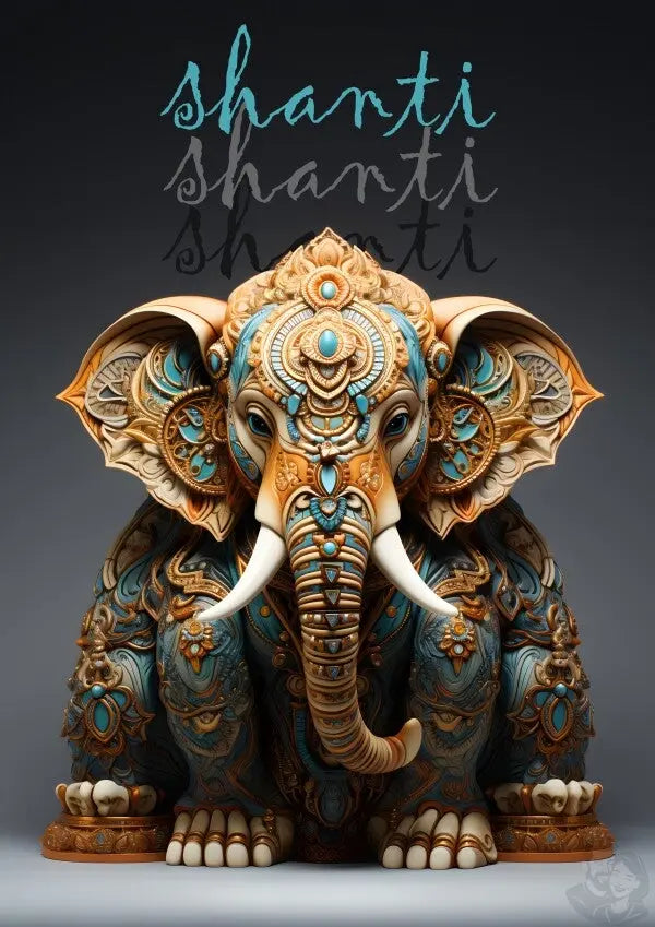 Shanti Elefant Poster in Leuchtendem Blau & Bronze - Matt Papier