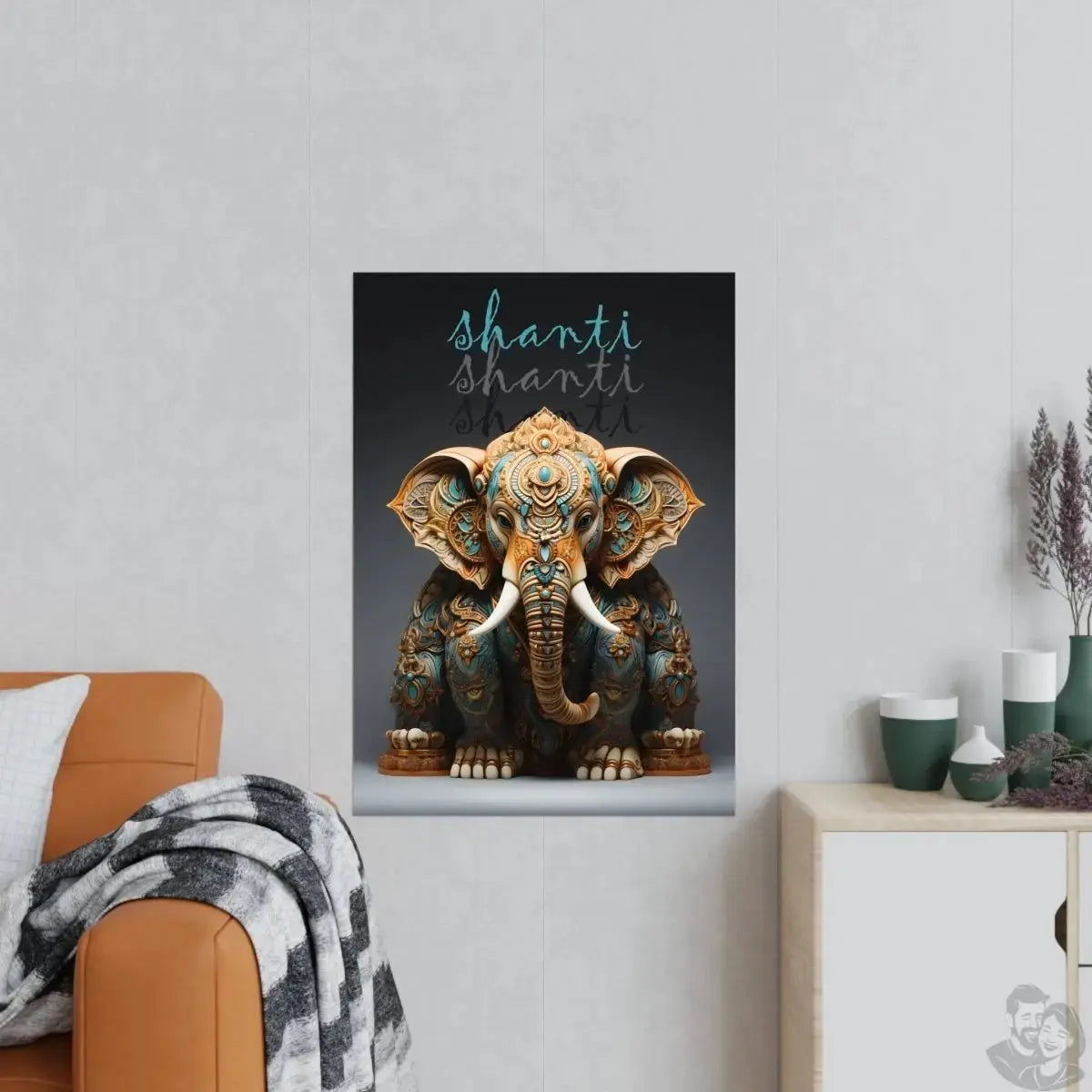 Shanti Elefant Poster in Leuchtendem Blau & Bronze - Matt Papier merchOne