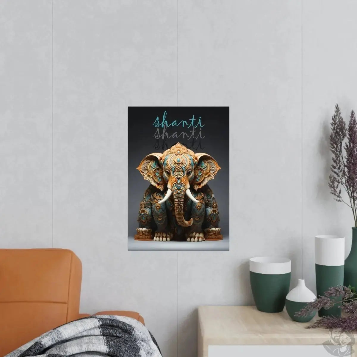 Shanti Elefant Poster in Leuchtendem Blau & Bronze - Matt Papier merchOne