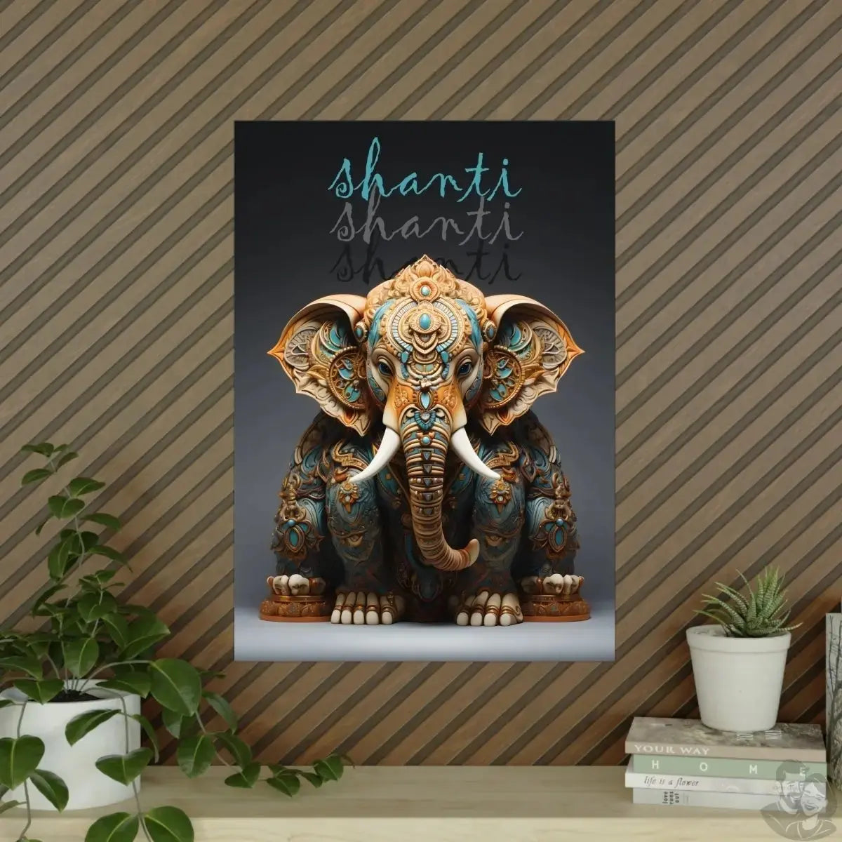 Shanti Elefant Poster in Leuchtendem Blau & Bronze - Matt Papier merchOne