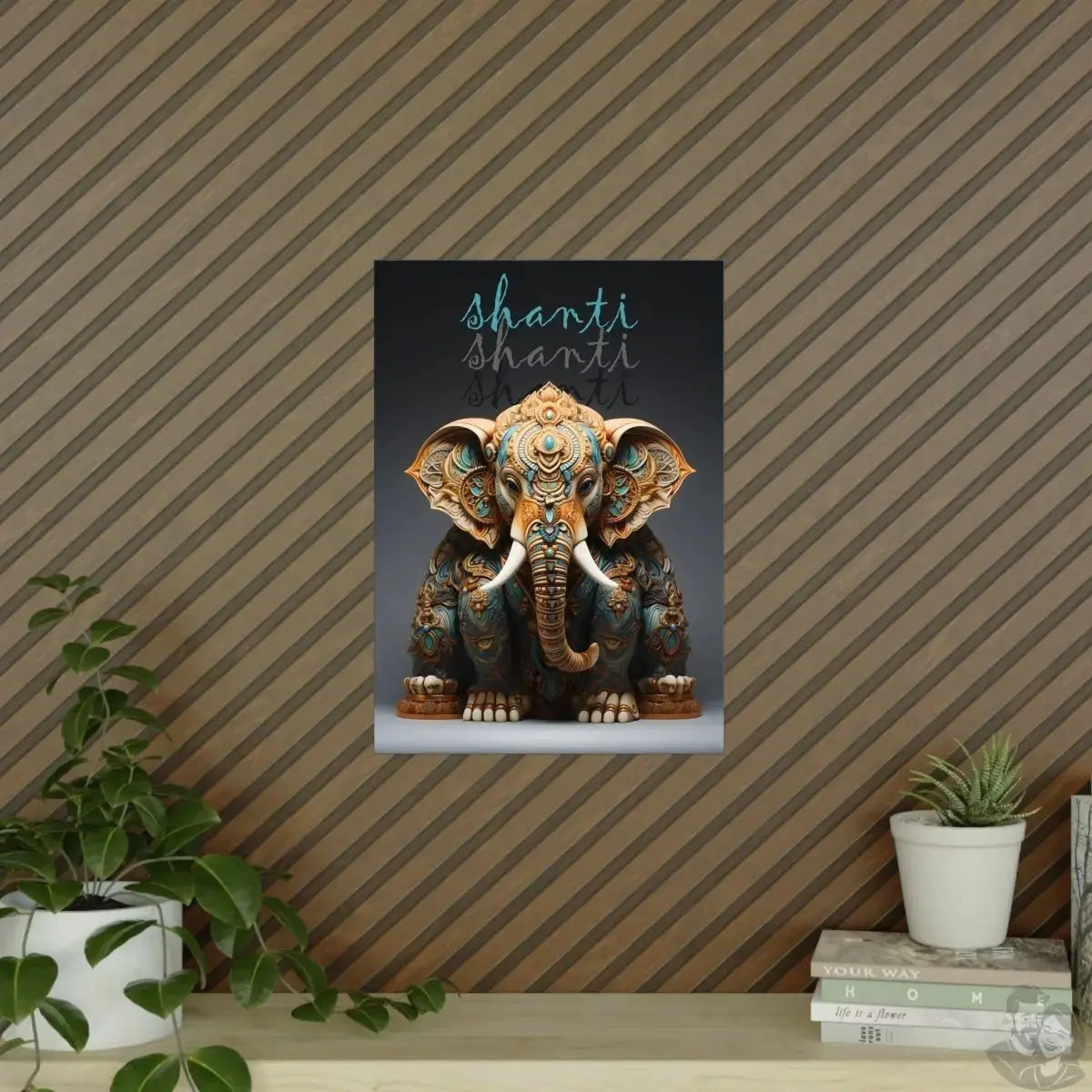 Shanti Elefant Poster in Leuchtendem Blau & Bronze - Matt Papier merchOne